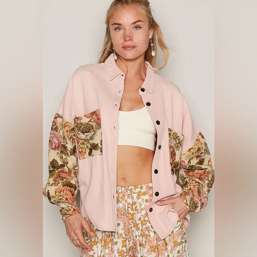 40. POL LAST 1! Shacket Shirt Oversized Pink Jacquard Floral Print Long Sleeve - Picture 1 of 3